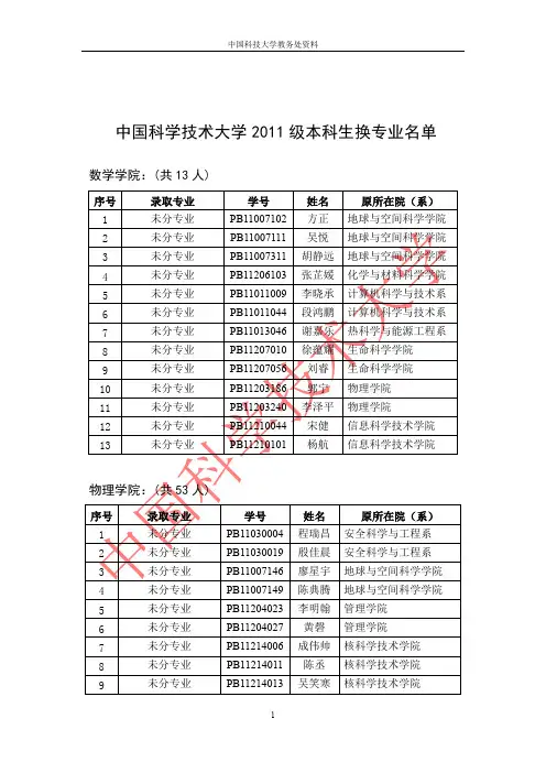 中国科大换专业名单