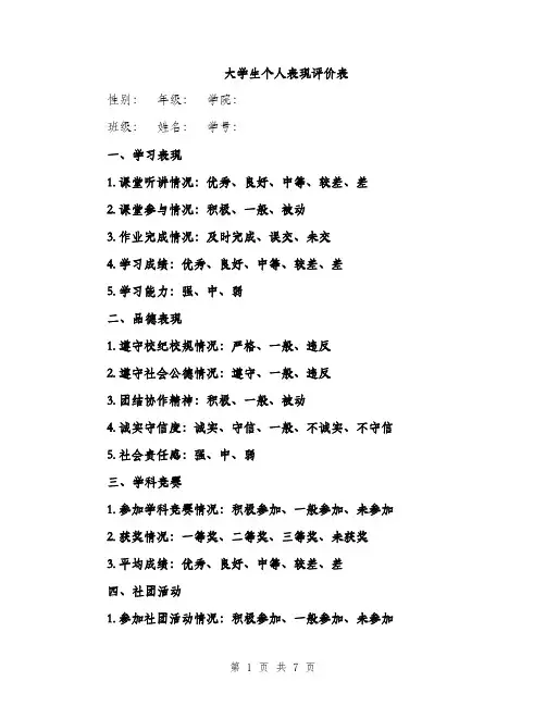 大学生个人表现评价表（三篇）