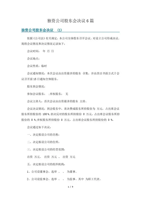 独资公司股东会决议6篇