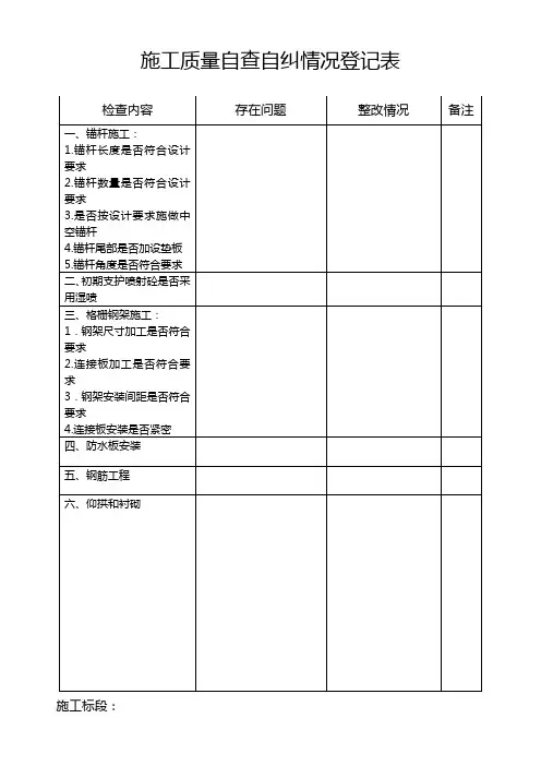 施工质量自查自纠情况登记表
