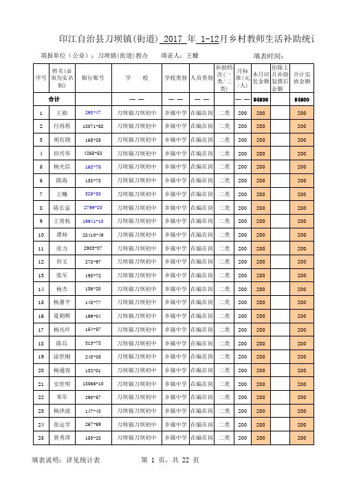 乡村教师生活补助审批发放统计表辅助表