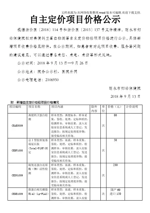 自主定价项目价格公示