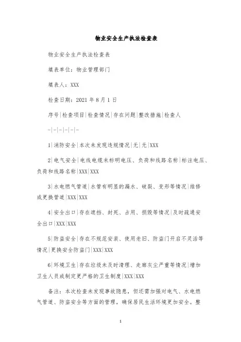 物业安全生产执法检查表
