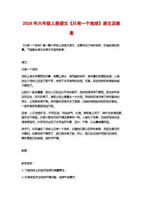 2024年六年级上册语文《只有一个地球》原文及教案