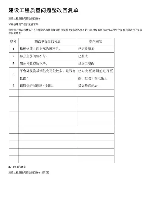 建设工程质量问题整改回复单