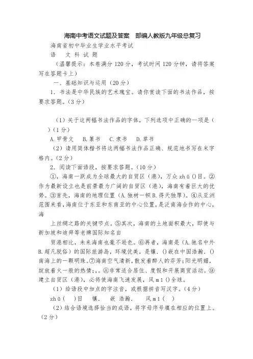 海南中考语文试题及答案  部编人教版九年级总复习_1