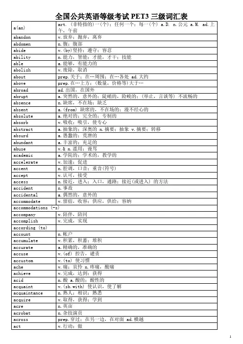 全国公共英语等级考试PET3三级词汇表