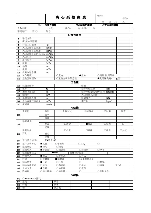 离 心 泵 数 据 表