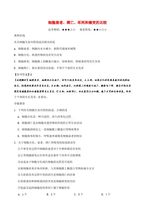 高中生物 每日一题 细胞衰老、凋亡、坏死和癌变的比较 新人教版必修1