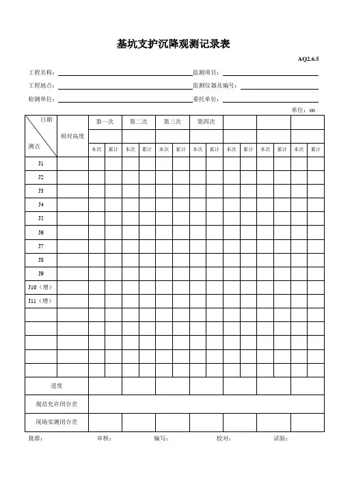 基坑支护沉降观测记录表
