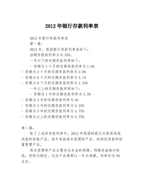 2012年银行存款利率表2篇