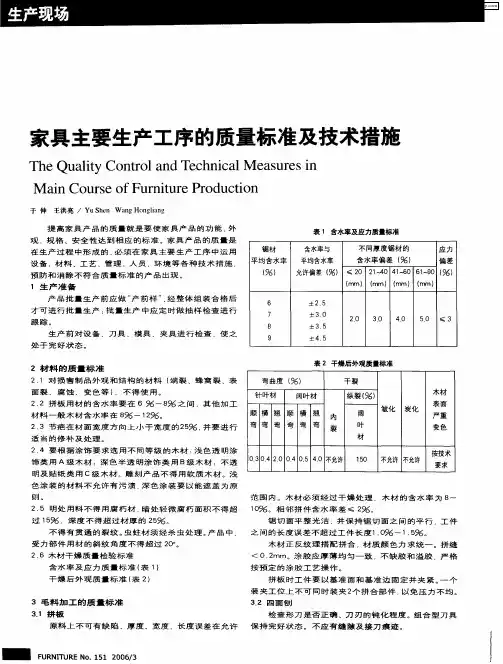 家具主要生产工序的质量标准及技术措施