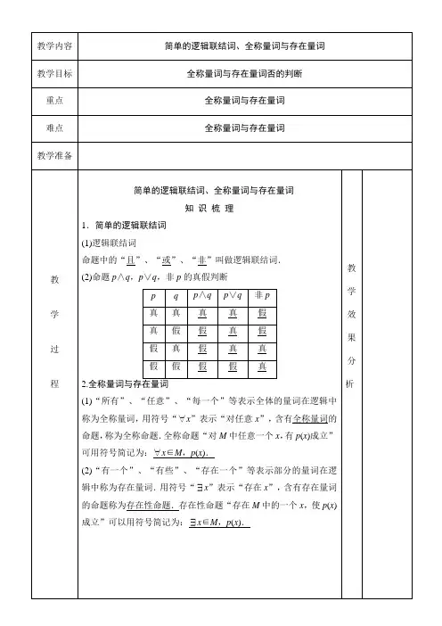 高中 掌握简单的逻辑联结词、全称量词与存在量词 知识点+例题+练习