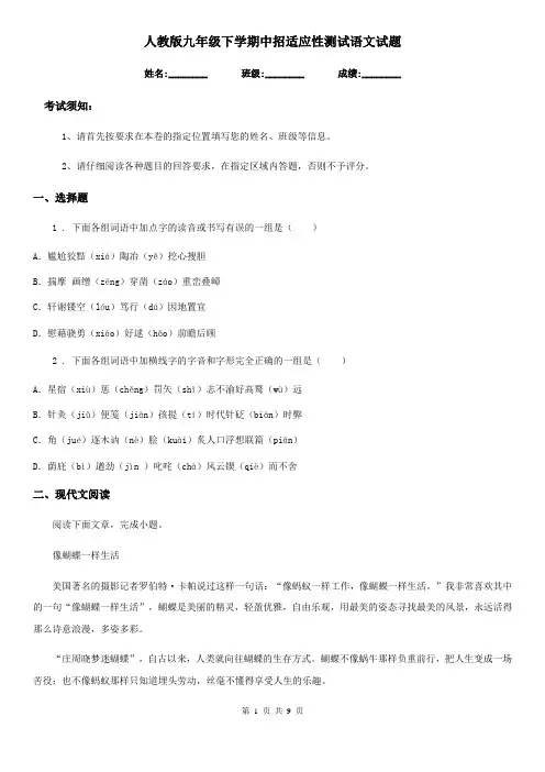 人教版九年级下学期中招适应性测试语文试题
