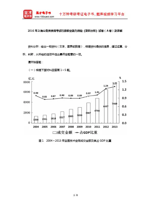 2016年上海公务员录用考试行政职业能力测验《资料分析》试卷(A卷)及详解【圣才出品】