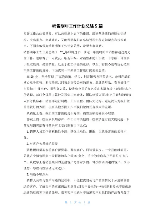 销售明年工作计划总结5篇