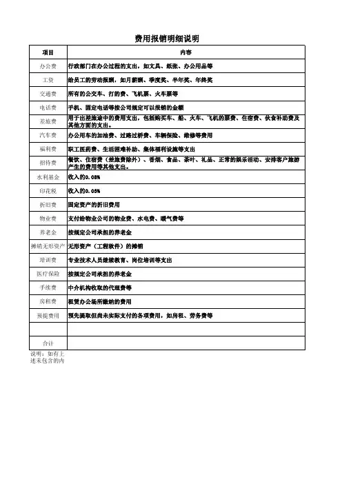 费用报销明细表 及说明