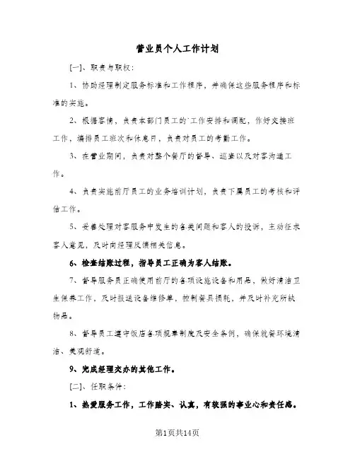 营业员个人工作计划(5篇)