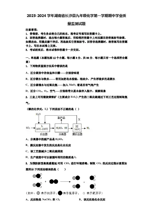 2023-2024学年湖南省长沙县九年级化学第一学期期中学业质量监测试题含解析