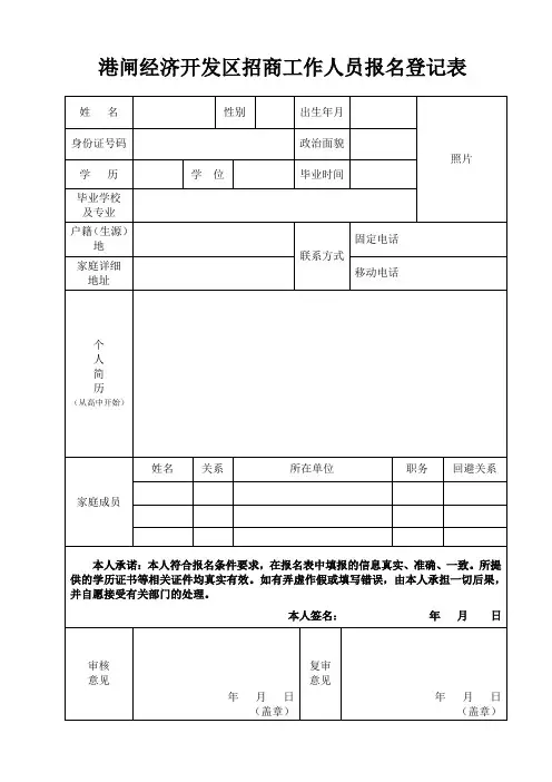 港闸经济开发区招商工作人员报名登记表