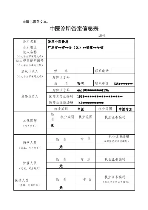 中医诊所备案信息表(样表)