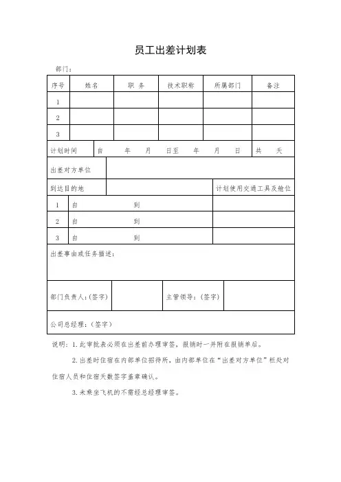 公司员工出差计划表