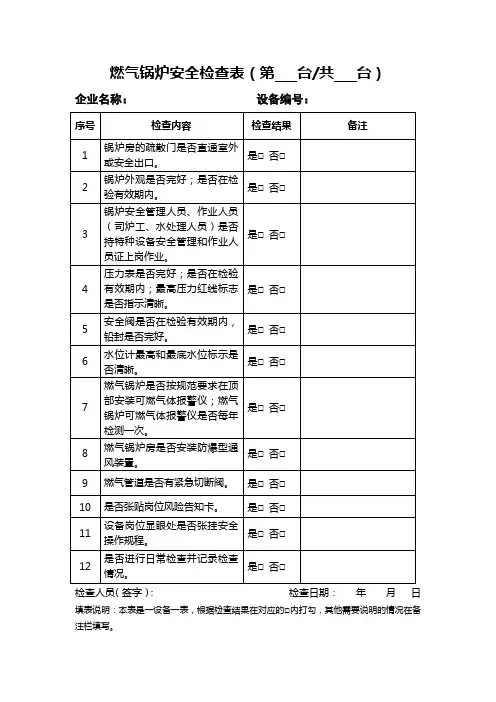 燃气锅炉安全检查表