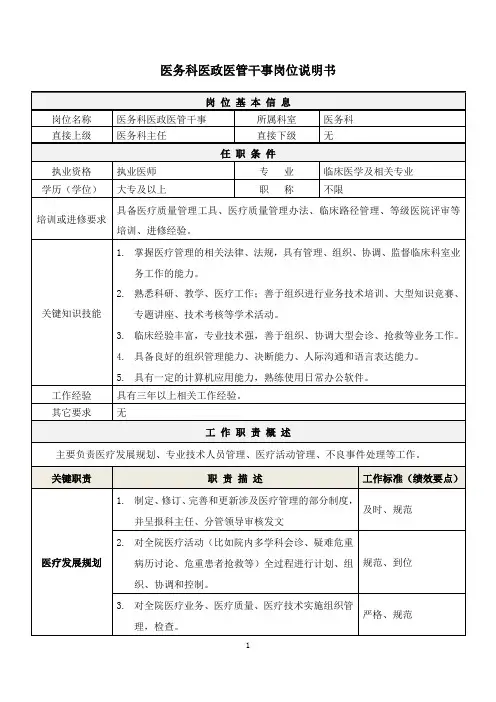 03医院医务科医疗医政医管干事岗位说明书