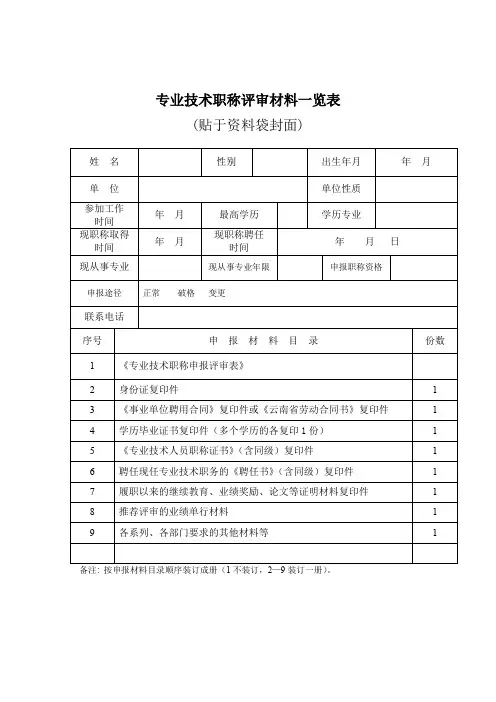专业技术职称评审材料一览表