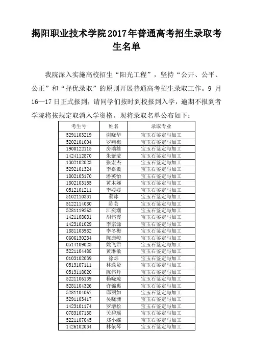 揭阳职业技术学院2017年普通高考招生录取考生名单