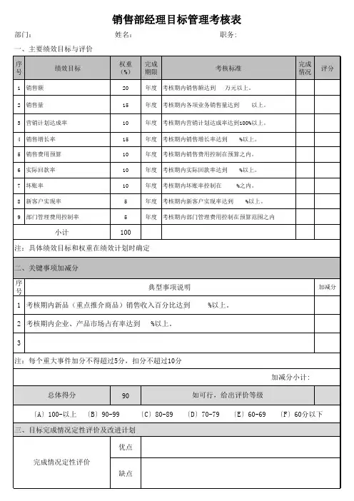 销售部经理目标管理考核表