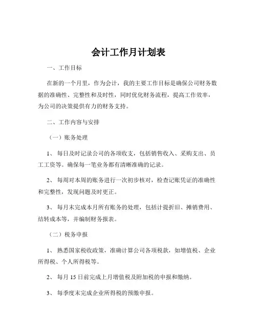 会计工作月计划表