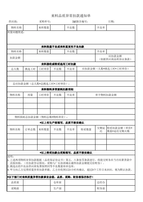 来料品质异常扣款通知单