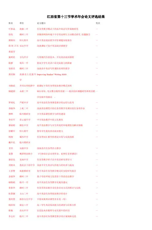江西省第十三节学术年会论文评选结果