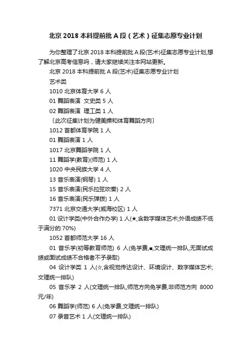 北京2018本科提前批A段（艺术）征集志愿专业计划