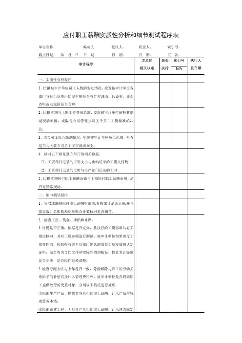 财务管理《应付职工薪酬实质性分析和细节测试程序表》