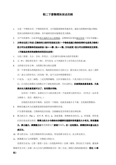 初二下册物理知识点归纳总结