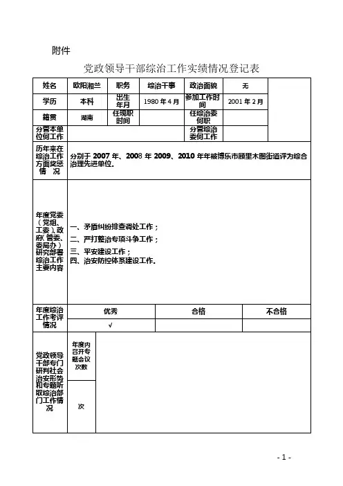党政领导干部综治工作实绩情况登记表