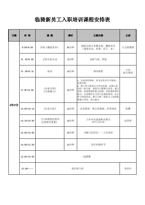 新员工入职培训课程安排表