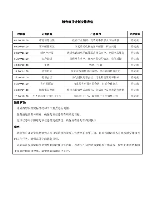 销售每日计划安排表格