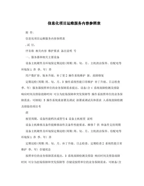信息化项目运维服务内容参照表
