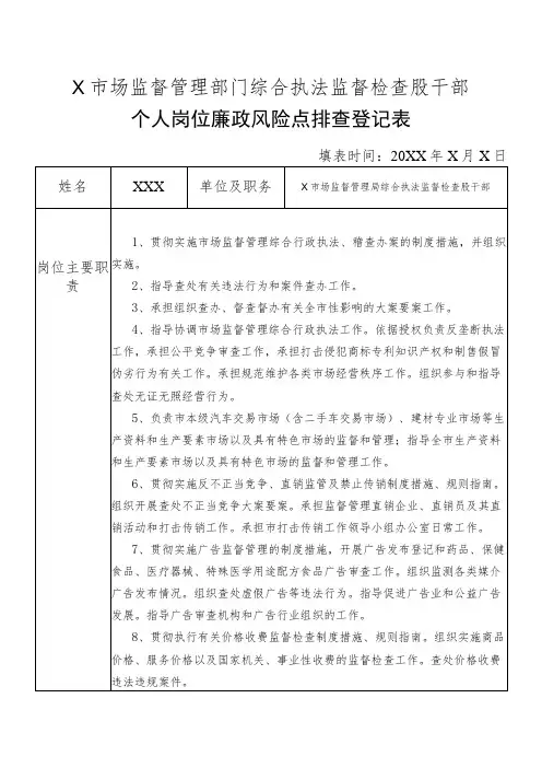 X县市场监督管理部门综合执法监督检查股干部个人岗位廉政风险点排查登记表