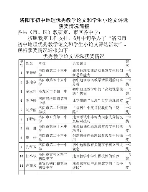 洛阳市初中地理优秀教学论文和学生小论文评