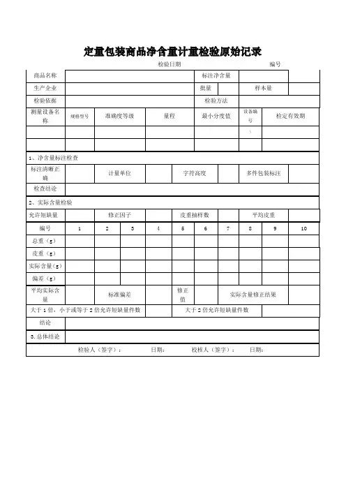 定量包装商品净含量计量检验原始记录