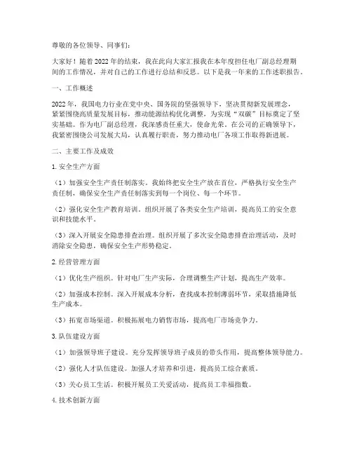 电厂副总年终述职报告