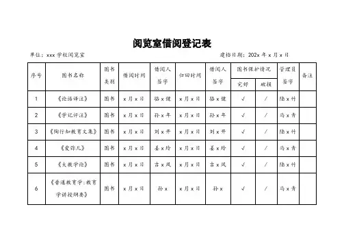 阅览室借阅登记表