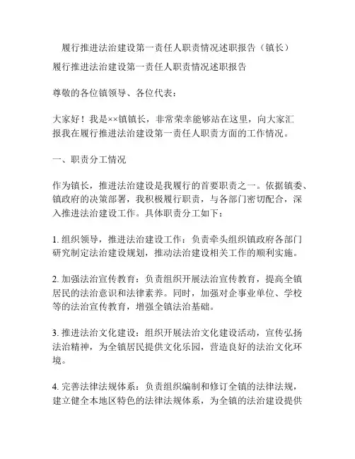 履行推进法治建设第一责任人职责情况述职报告(镇长)