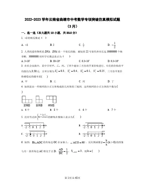 2022——2023学年云南省曲靖市中考数学专项突破仿真模拟试题(3月4月)含答案