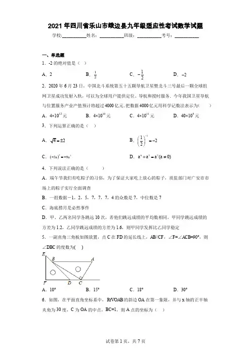 2021年四川省乐山市峨边县九年级适应性考试数学试题