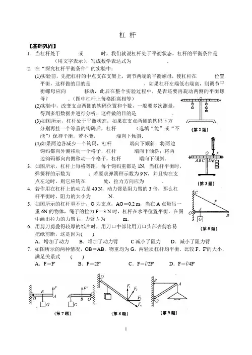 华东师大版九年级科学上册 5.1杠杆练习(2)